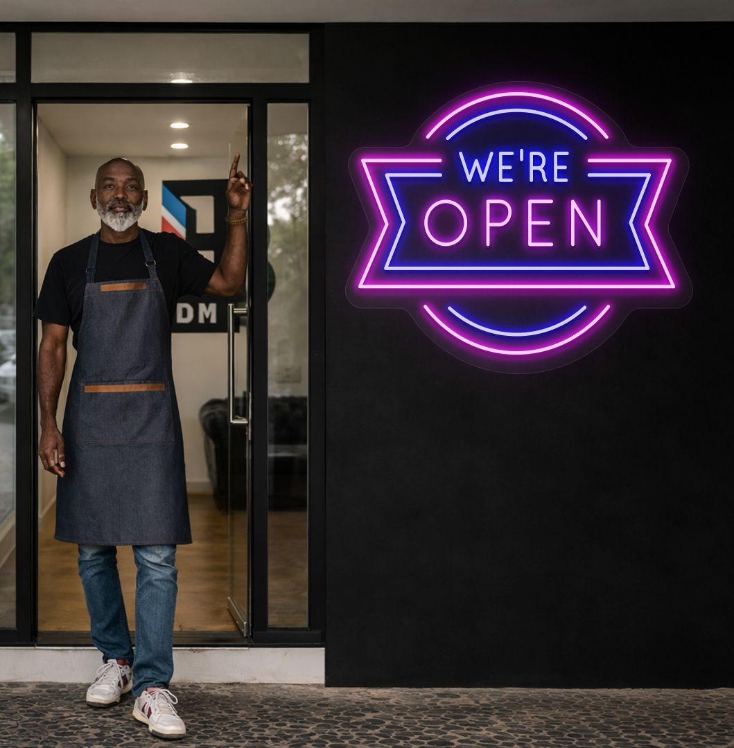 Stylish, we're open neon sign glowing purple on salon wall. perfect for entrances, beauty studios, retail storefronts, service-based businesses, and commercial spaces