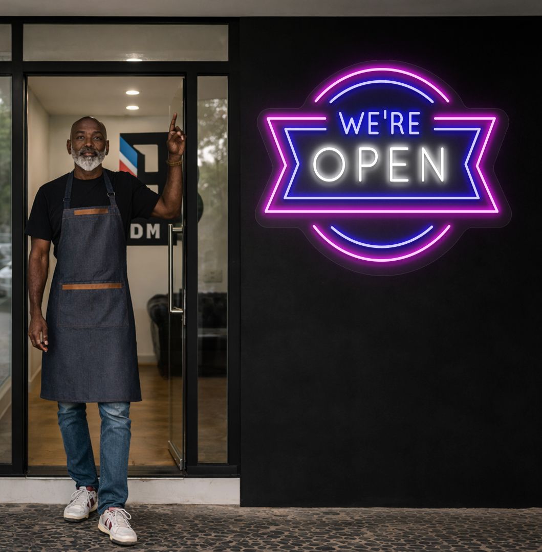 Image of a we're open neon sign glowing on salon exterior wall in white color.