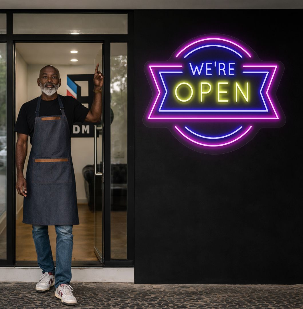 Stylish, we're open neon sign glowing yellow on salon wall. perfect for entrances, beauty studios, retail storefronts, service-based businesses, and commercial spaces
