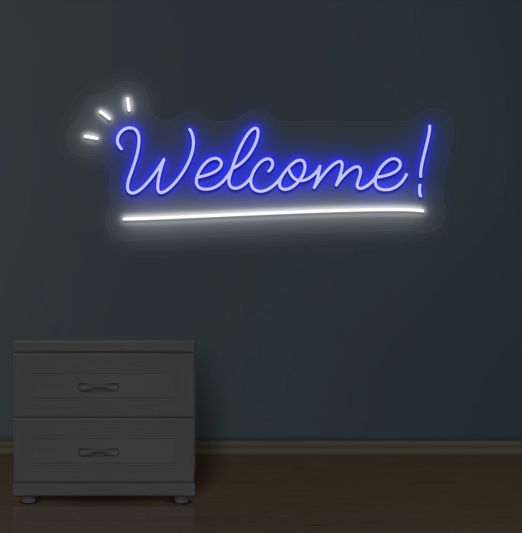 Image of a welcome neon sign LED glowing on wall in blue color.