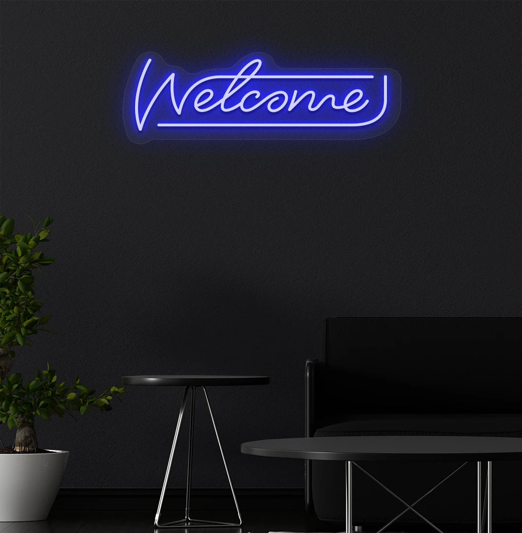 Image of a welcome neon sign mounted on aesthetic wall in blue color.