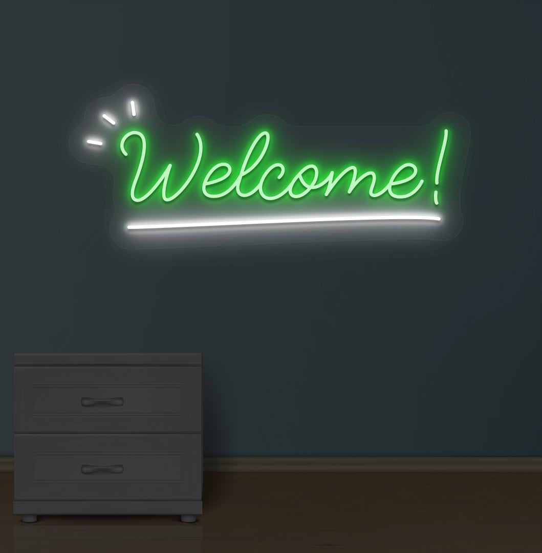 Stylish green LED welcome LED neon sign mounted on wall.