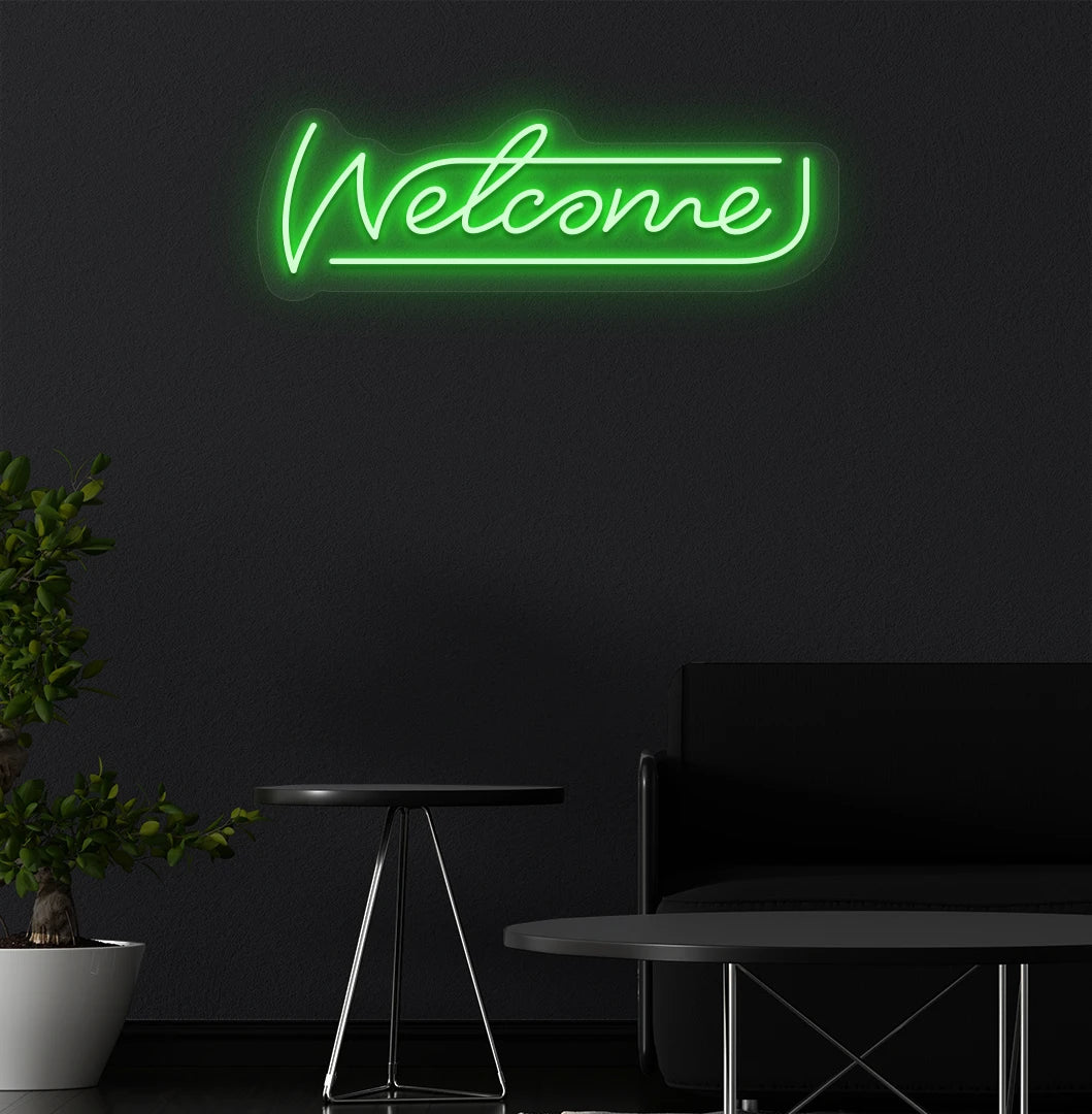 Welcome neon sign glowing green on aesthetic wall. Perfect for home entrances, cafés & restaurants, shops, storefronts, event décor & parties, and reception areas.