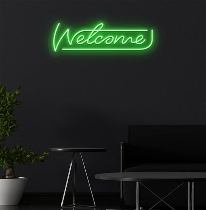 Welcome neon sign glowing green on aesthetic wall. Perfect for home entrances, cafés & restaurants, shops, storefronts, event décor & parties, and reception areas.