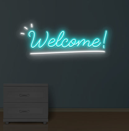 Image of a welcome neon sign LED glowing on wall in ice blue color.
