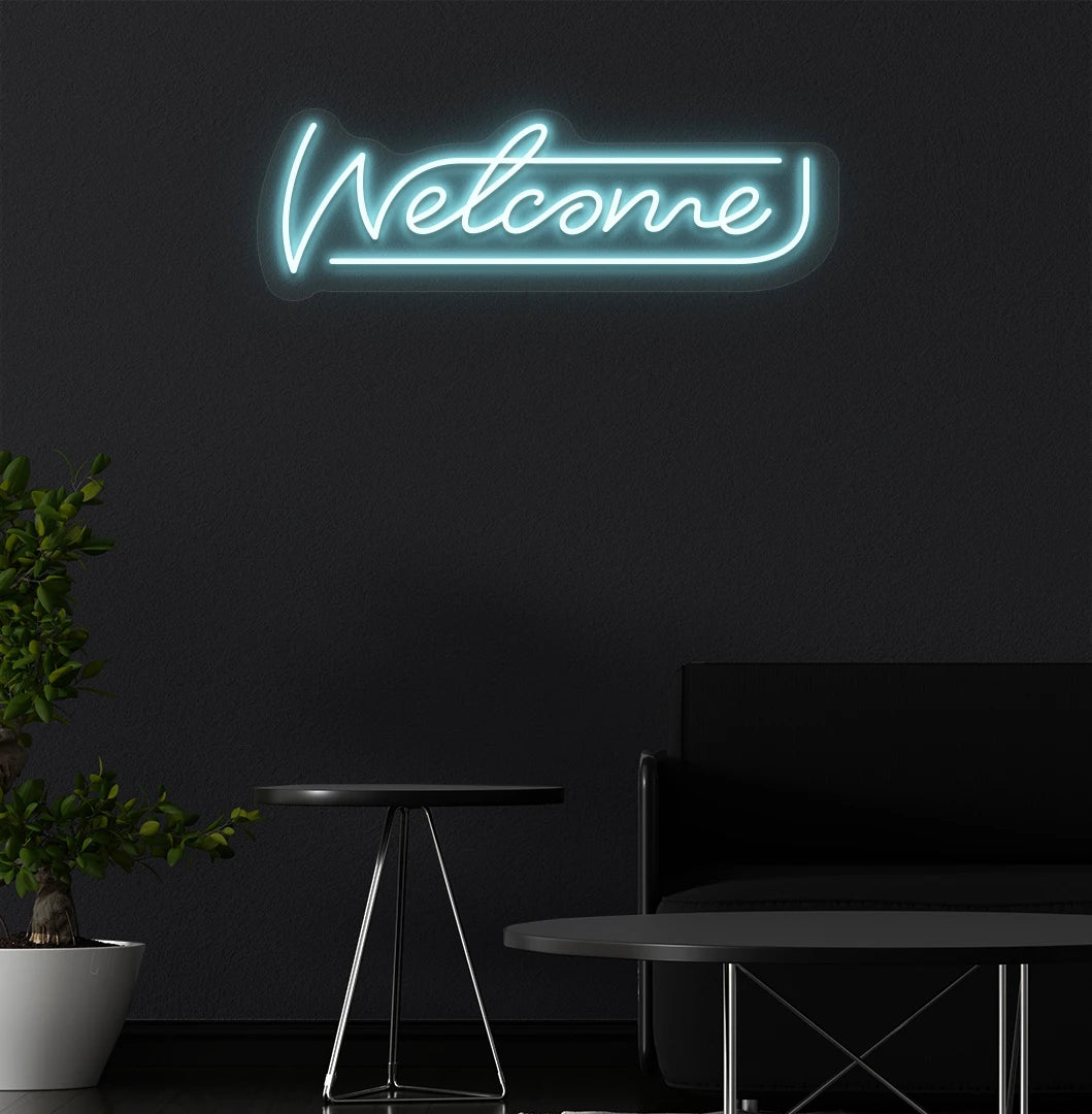 Image of a welcome neon sign mounted on aesthetic wall in ice blue color.