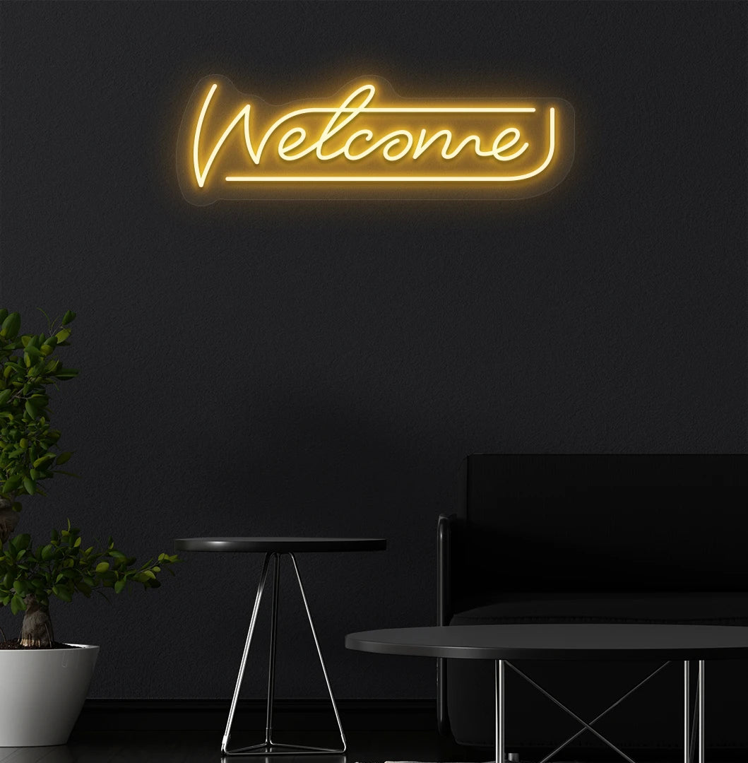 Welcome neon sign glowing orange on aesthetic wall. Perfect for home entrances, cafés & restaurants, shops, storefronts, event décor & parties, and reception areas.