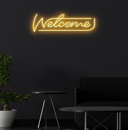 Welcome neon sign glowing orange on aesthetic wall. Perfect for home entrances, cafés & restaurants, shops, storefronts, event décor & parties, and reception areas.