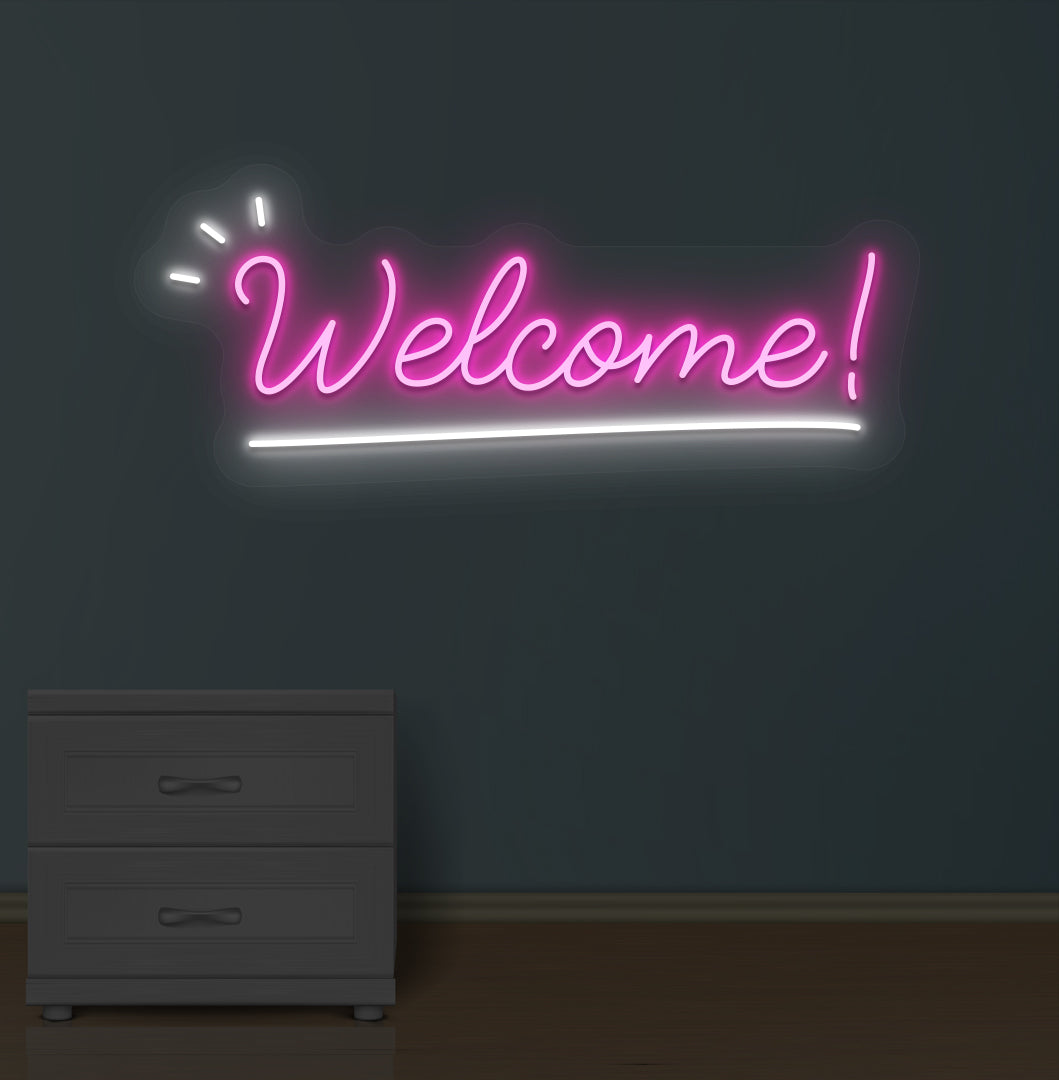 Image of a welcome neon sign LED glowing on wall in pink color.