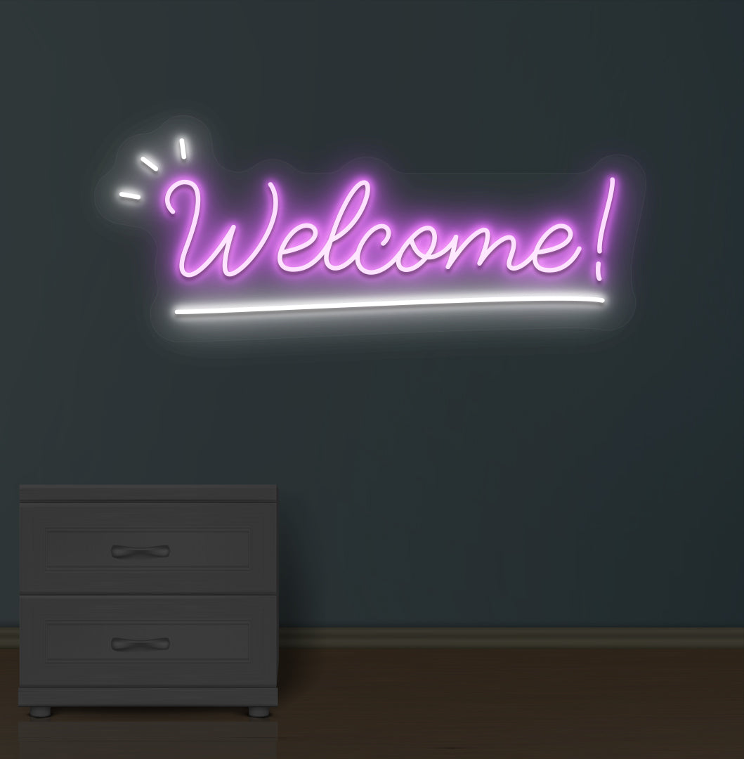 Stylish purple LED welcome LED neon sign mounted on wall.