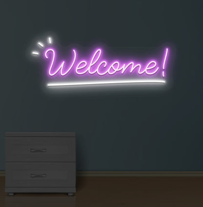 Stylish purple LED welcome LED neon sign mounted on wall.