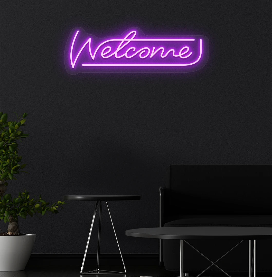Welcome neon sign glowing purple on aesthetic wall. Perfect for home entrances, cafés & restaurants, shops, storefronts, event décor & parties, and reception areas.