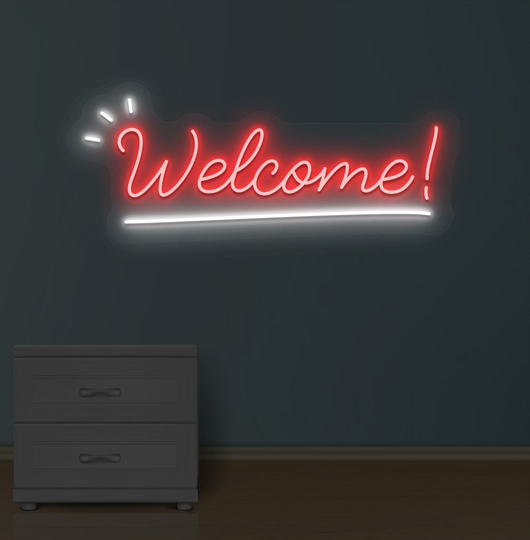 Image of a welcome neon sign LED glowing on wall in red color.