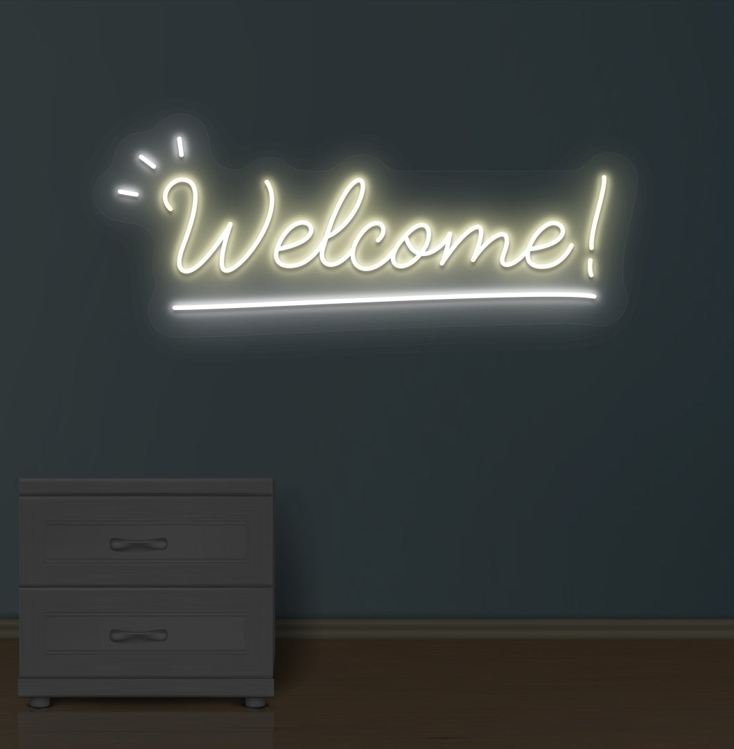 Stylish warm white LED welcome LED neon sign mounted on wall.