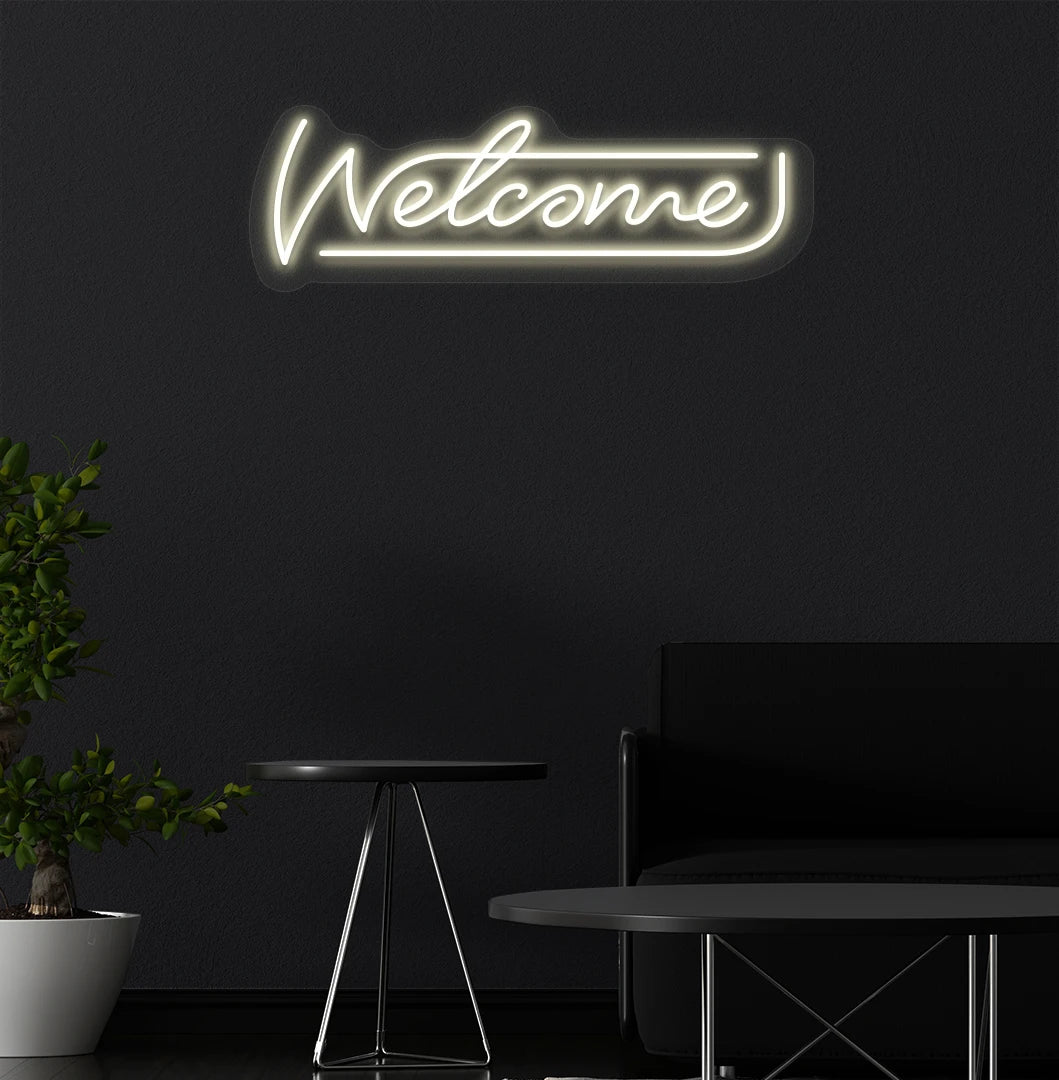 Welcome neon sign glowing warm white on aesthetic wall. Perfect for home entrances, cafés & restaurants, shops, storefronts, event décor & parties, and reception areas.