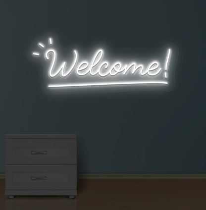 Image of a welcome neon sign LED glowing on wall in white color.