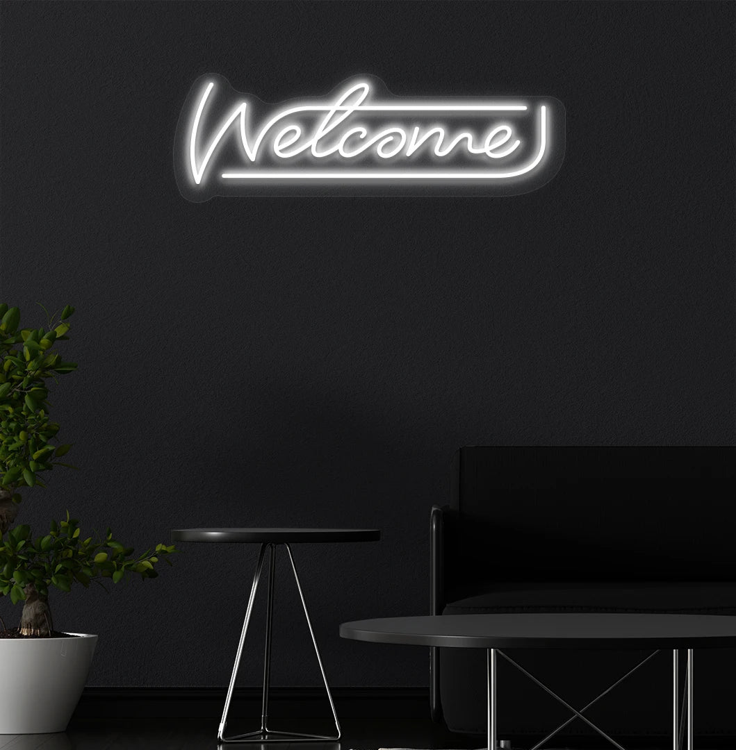 Image of a welcome neon sign mounted on aesthetic wall in white color.