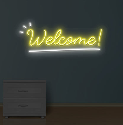 Stylish yellow LED welcome LED neon sign mounted on wall.