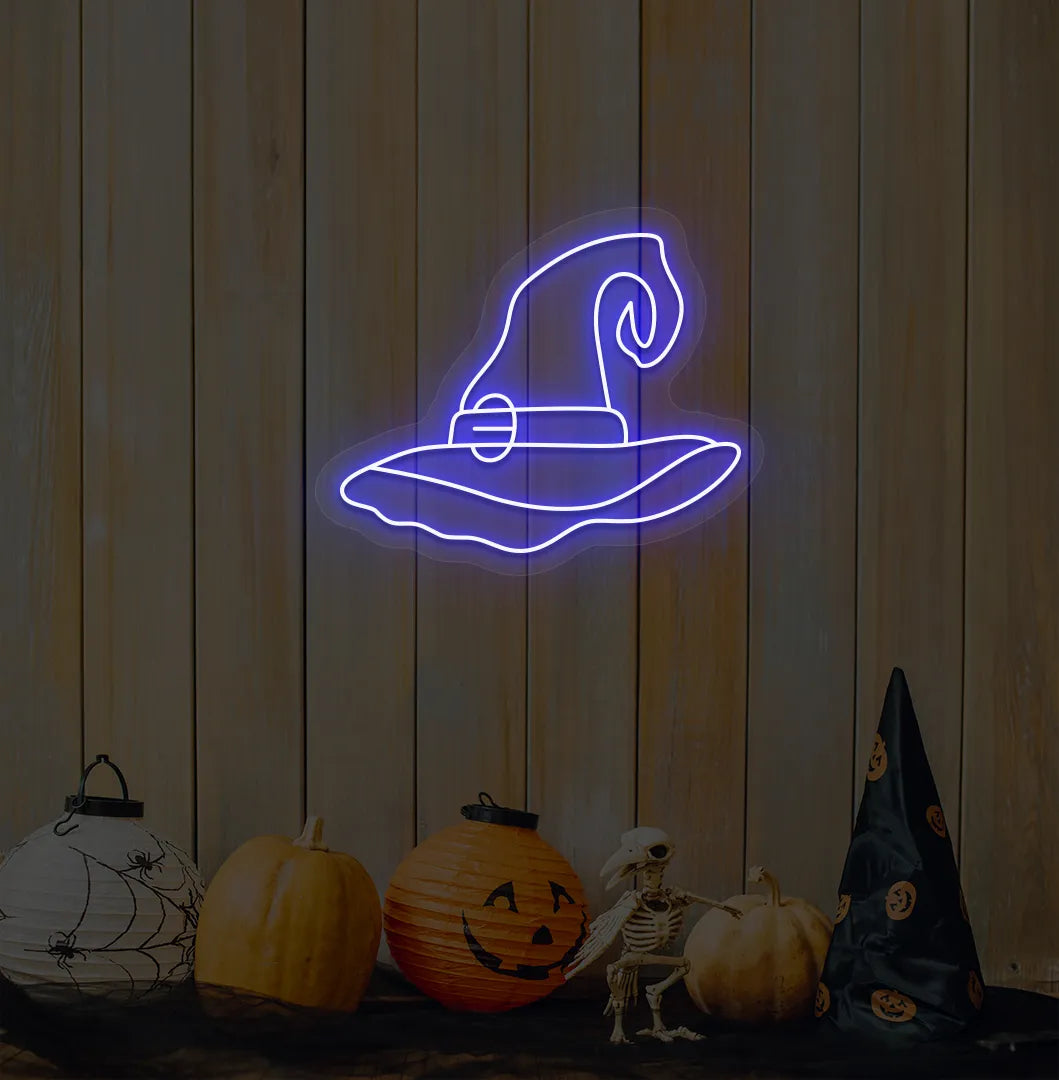 Blue LED Witch Hat Neon Sign displayed on a Halloween themed background.