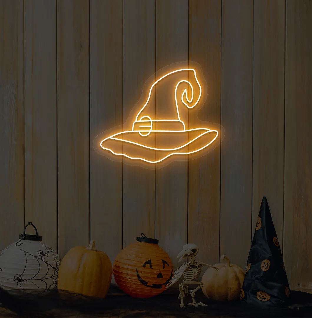 Orange LED Witch Hat Neon Sign displayed on a Halloween themed background.