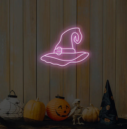 Purple LED Witch Hat Neon Sign displayed on a Halloween themed background.