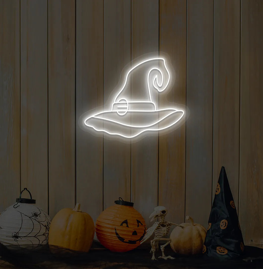 White LED Witch Hat Neon Sign displayed on a Halloween themed background.
