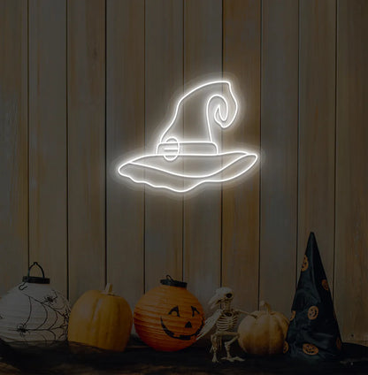 White LED Witch Hat Neon Sign displayed on a Halloween themed background.