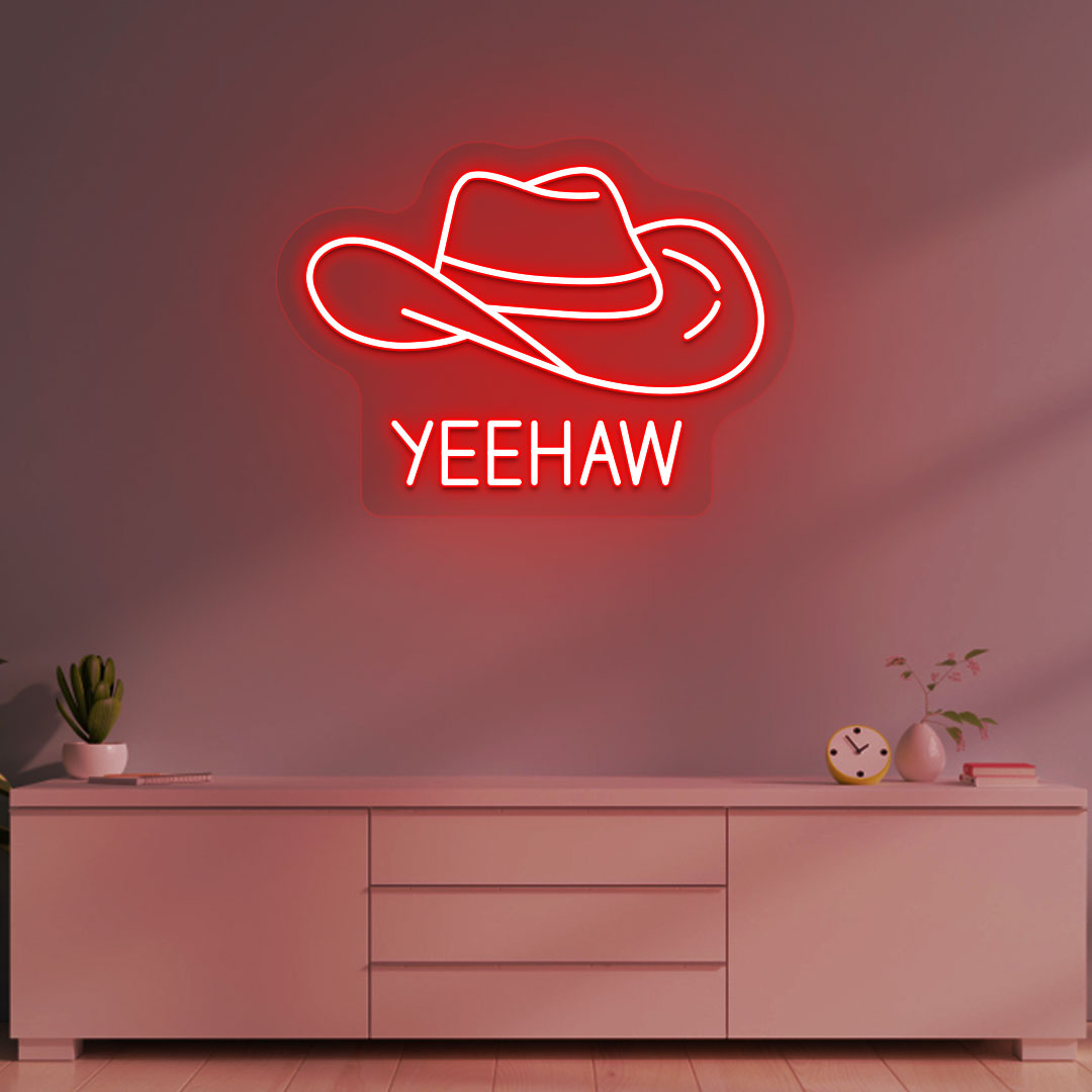 A western-style YEEHAW neon sign glowing red on the wall. Perfect for living rooms, western-themed interiors, parties, and home bars.