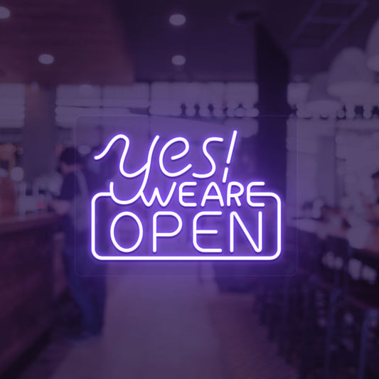Image of a "Yes, we are open" neon sign glowing on a shop door in purple color.