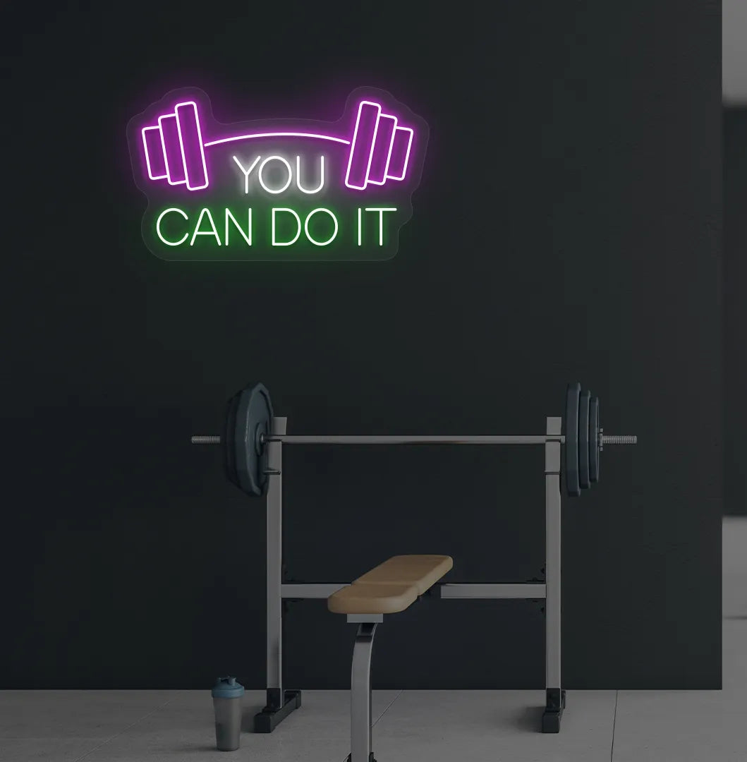 You can do it with dumbbell neon sign glowing green on aesthetic gym wall.