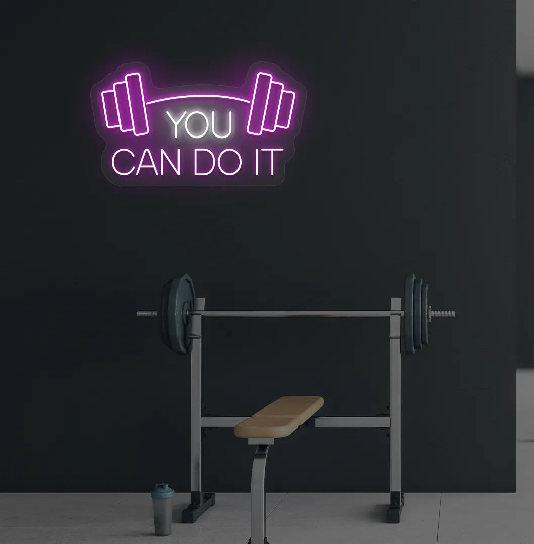 You can do it with dumbbell neon sign glowing purple on aesthetic gym wall.