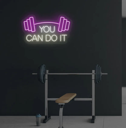 You can do it with dumbbell neon sign glowing warm white on aesthetic gym wall.