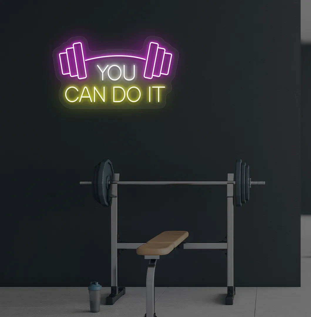 You can do it with dumbbell neon sign glowing yellow on aesthetic gym wall.