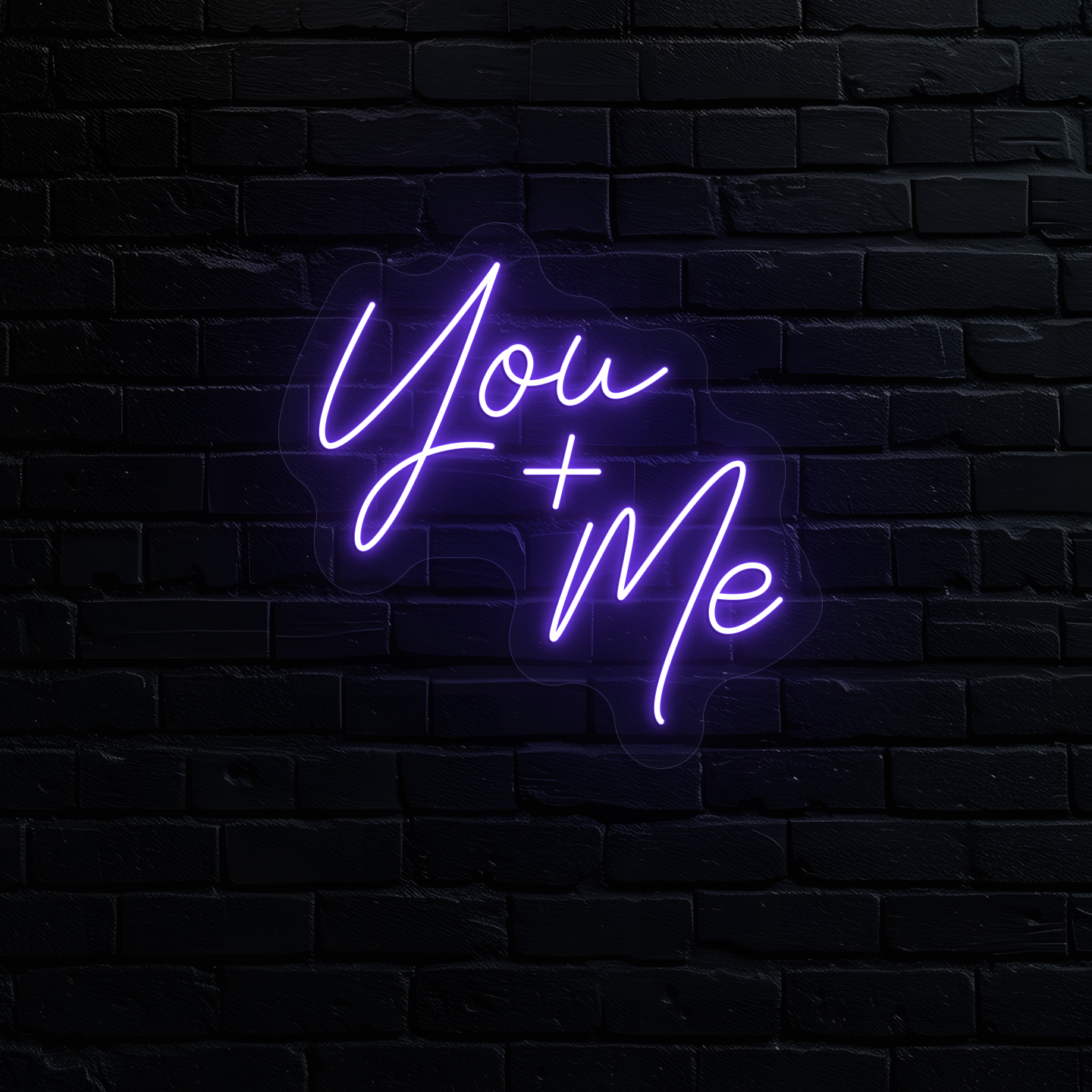 Aesthetic wall with "you plus me" neon sign glowing purple.
