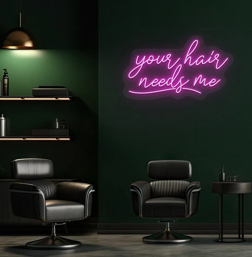 Image of a modern salon wall featuring Your Hair Needs Me neon sign in purple color.