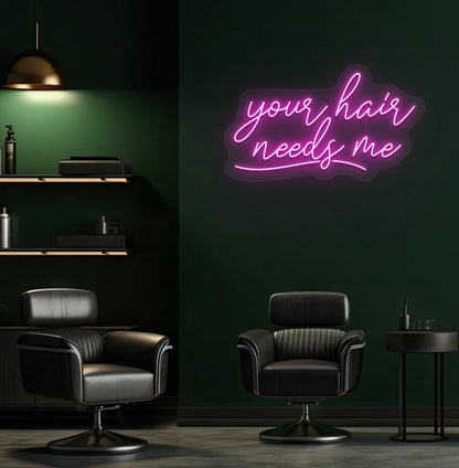 Image of a modern salon wall featuring Your Hair Needs Me neon sign in purple color.