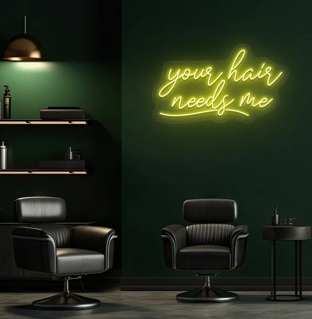Image of a modern salon wall featuring Your Hair Needs Me neon sign in yellow color.