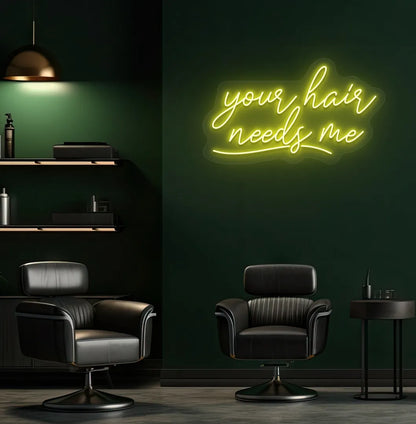 Image of a modern salon wall featuring Your Hair Needs Me neon sign in yellow color.